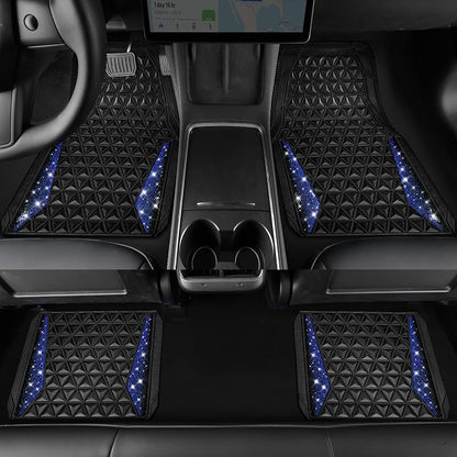 CAR PASS Bling Diamond Car Mats Rubber Floor Mats Full Set Anti-Slip 3D Rhombus Waterproof Trim to Fit Liner Universal Glitter Crystal Sparkly Shining Rhinestone Girl Women SUV Sedan Van, Black Blue