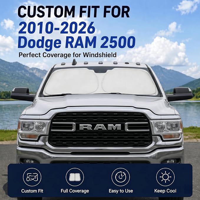 for Dodge RAM 2500 3500 Windshield Sun Shade 2010-2025 2026 - Foldable Windshield Sunshade Cover Front Window Shade Custom Fit RAM 2500 3500 Accessories Sun Visor Protector Blocks UV Rays