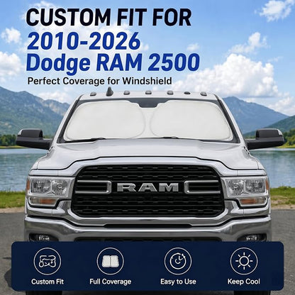 for Dodge RAM 2500 3500 Windshield Sun Shade 2010-2025 2026 - Foldable Windshield Sunshade Cover Front Window Shade Custom Fit RAM 2500 3500 Accessories Sun Visor Protector Blocks UV Rays