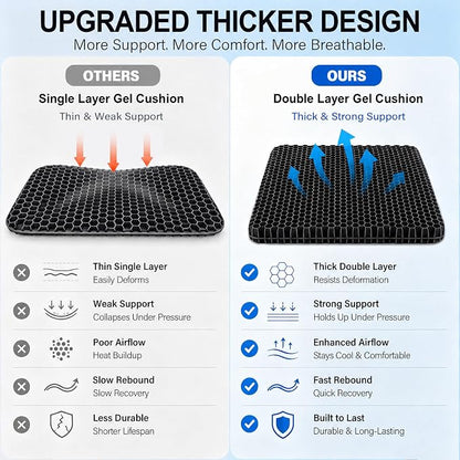 Gel Seat Cushion for Long Sitting – Double-Layer Honeycomb Cooling Chair Pad, Thick Supportive Gel Cushion with Breathable Non-Slip Cover for Office Chair, Car, Wheelchair & Long Sitting（Black）