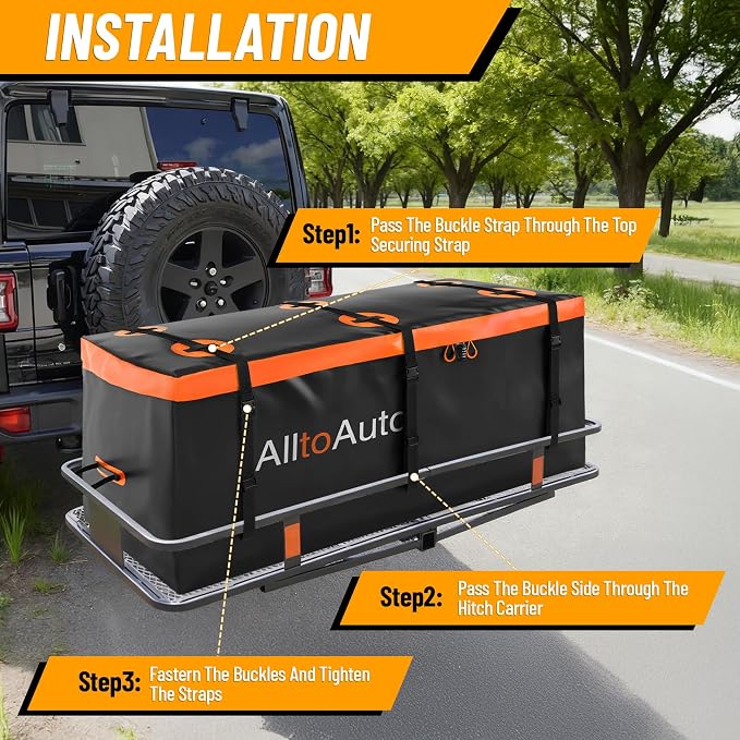 50 CuFt AlltoAuto Waterproof Cargo Bag for Hitch Carrier | 72"x36"x35" Trailer Hitch Cargo Carrier | Weatherproof Truck Bed Storage with Straps, Lock & Carry Case | PVC Vehicle Soft-Shell Carriers