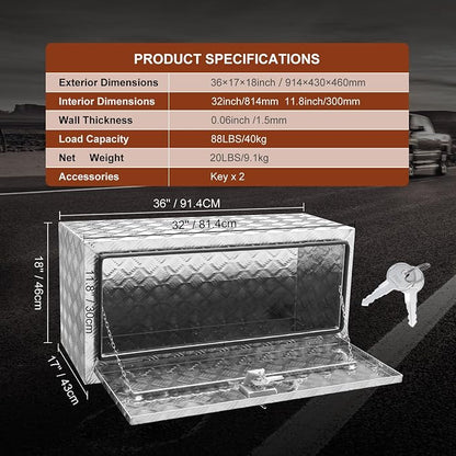 VEVOR Underbody Truck Box, 36"×17"×18" Pickup Storage Box, Heavy Duty Aluminum Diamond Plate Tool Box with Lock and Keys, Waterproof Trailer Storage Box with T-Handle Latch for Truck, Van, Trailer
