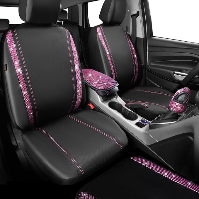 CAR PASS Bling Rhinestone Car Seat Covers Leather Shining Diamond Car Floor Mats Carpet with Anti-Slip Nibs Bling Diamonds Car Accessories Sets Pink Glitter Crystal Diamond Combo Set