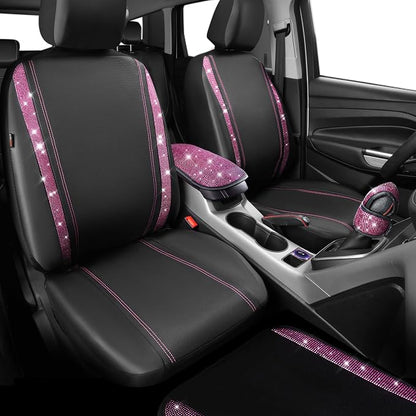 CAR PASS Bling Rhinestone Car Seat Covers Leather Shining Diamond Car Floor Mats Carpet with Anti-Slip Nibs Bling Diamonds Car Accessories Sets Pink Glitter Crystal Diamond Combo Set