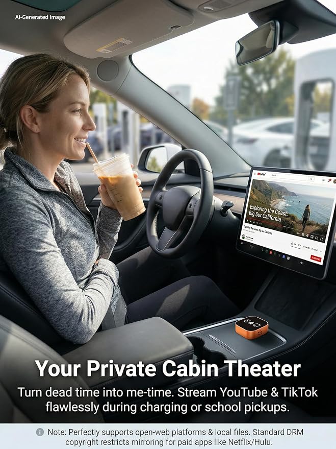 4-in-1 Wireless CarPlay & Android Auto Adapter – AirPlay & Miracast Media Hub – Seamless for Mixed Families – 5.8GHz Low-Latency & Auto-Connect – Factory Wired Cars Only (Orange)