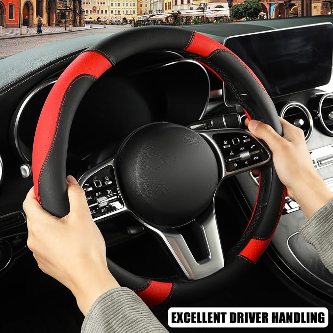 Microfiber Leather D Shaped Steering Wheel Cover, Breathable, Anti Slip, 13.5 inch to 14 inch, Black with Red
