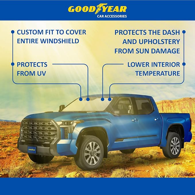 Goodyear Foldable Windshield Sunshade for Toyota Tundra 2022-2026, Truck car Accessories, Sunshade Cover, Sun Shade Car Windshield, Window Sun Blocker - GY008292