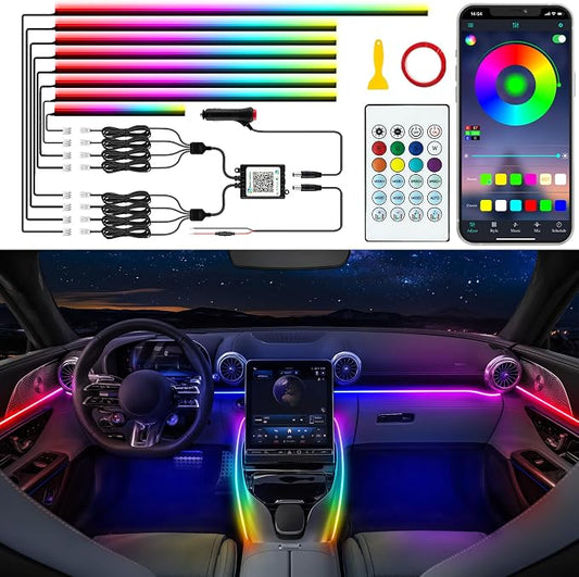 Jushope Car LED Strip Lights, Interior Acrylic LED Lights for Car with Dynamic Rainbow Dream Color Chasing, Ambient Lighting Kits Music Sync (8 in 1(6 * 29.5+43.3+14.5 inches))