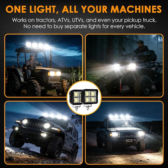 4Inch 200W 15000LM LED Tractor Lights, IP68 Waterproof Shockproof 12/24V LED Work Lights for Truck, 150° Flood Beam Off Road Light Bar for UTV ATV SXS and Heavy-Duty Equipment, 2PCS (4 INCH)