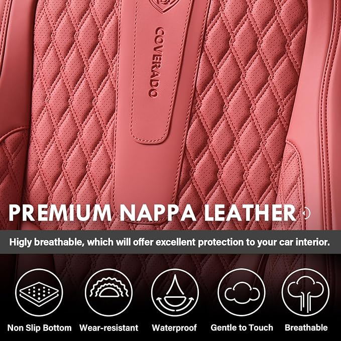 Coverado Full Set Car Seat Covers, Nappa Leather Seat Covers, Waterproof Car Seat Protector with Lumbar Support, Automotive Seat Covers Universal Fit for Most Cars SUV Trucks (FullSet, Red-Blackline)