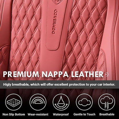 Coverado Car Seat Covers Front, Nappa Leather Seat Covers for Cars, Waterproof Seat Covers with Lumbar Support Universal Fit for Most Cars SUV Trucks, Automotive Seat Covers (Front, Red-Blackline)