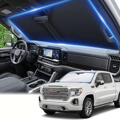 Windshield Sun Shade for GMC Sierra 1500 2500 3500 SLT AT4 Denali 2019-2024 2025 2026 Front Window Shade Custom Fit Sun Visor Foldable Shade Blocks UV Rays Summer Must Have Car Accessories