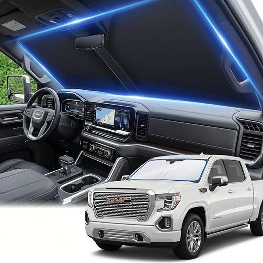 Windshield Sun Shade for GMC Sierra 1500 2500 3500 SLT AT4 Denali 2019-2024 2025 2026 Front Window Shade Custom Fit Sun Visor Foldable Shade Blocks UV Rays Summer Must Have Car Accessories