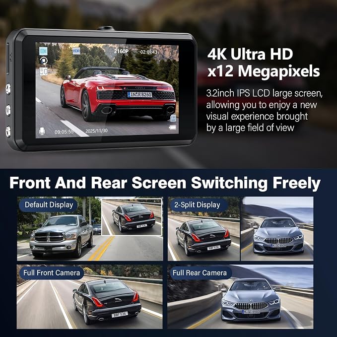 SHRINLUCK 2K Dual Dash Camera for Cars, Free 64G SD Card, FHD 2K+1080P Dash Cam Front and Rear,3.2'' IPS Screen,176° Wide Angle Dashcam,24H Parking Monitor,G-Sensor,Loop Recording,Night Vision,WDR