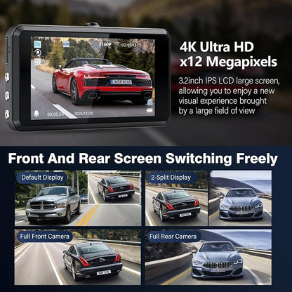 SHRINLUCK 2K Dual Dash Camera for Cars, Free 64G SD Card, FHD 2K+1080P Dash Cam Front and Rear,3.2'' IPS Screen,176° Wide Angle Dashcam,24H Parking Monitor,G-Sensor,Loop Recording,Night Vision,WDR