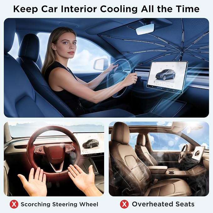 2026 for Tesla Model Y Model 3 Windshield Sun Shade Umbrella [7-Layer Vinyl Coating Heat Shield] Foldable Front Window Sunshade Umbrella Protect Interior from UV Keep Car Cooler(56" x 35")