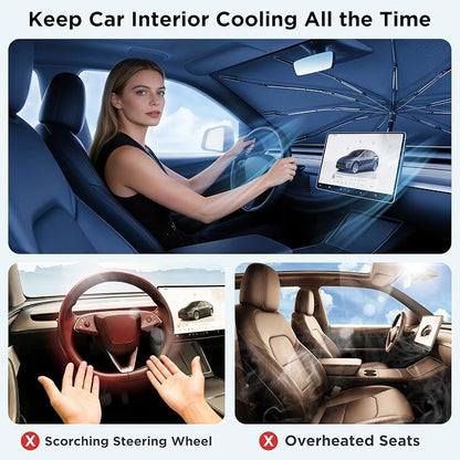 2026 for Tesla Model Y Model 3 Windshield Sun Shade Umbrella [7-Layer Vinyl Coating Heat Shield] Foldable Front Window Sunshade Umbrella Protect Interior from UV Keep Car Cooler(56" x 35")