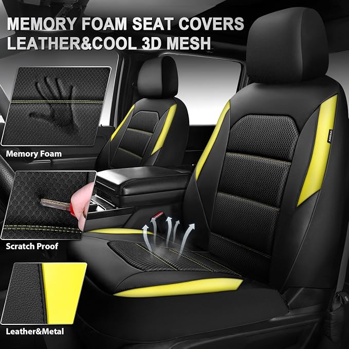 CAR PASS Memory 3D Foam Car Seat Covers Full Set, Breathable Mesh Thick Seat Covers for Car, Yellow Leather Seat Covers, Universal Automotive Comfort for SUVs Trucks,Airbag Compatible, Black Yellow