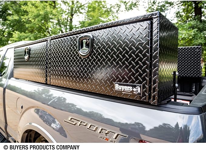 Buyers Products 1721565 Black Aluminum Diamond Tread Topsider Truck Box With Drop Door, 90x18x16 Inch, Weather Resistant, Locking Compression Latch, No Drill Install, Made in USA