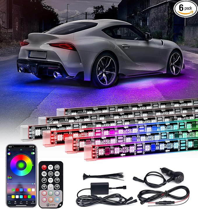 Xprite Car Underglow Light, 6 Pcs Under Glow Kit for Car with Dream Color Dancing Chasing, App & Remote Control 16 Million Colors Sound & Music Waterproof Under Glow Lights for Truck