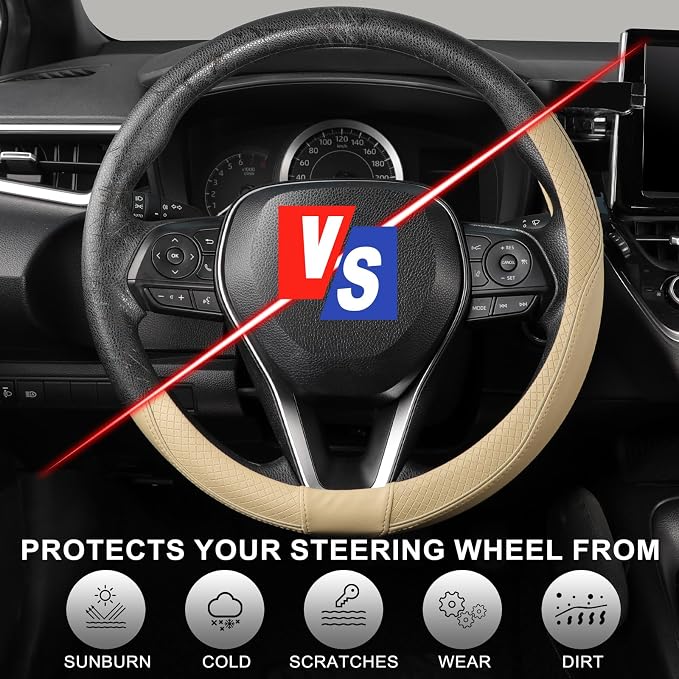 SEG Direct Steering Wheel Cover 14.5-15 inch (37-39 cm) Medium Size, Microfiber Leather, Non-Slip Comfortable Grip, Fits Cars Trucks SUVs, Beige