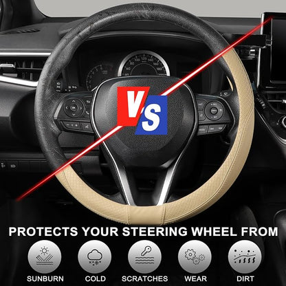 SEG Direct Steering Wheel Cover 14.5-15 inch (37-39 cm) Medium Size, Microfiber Leather, Non-Slip Comfortable Grip, Fits Cars Trucks SUVs, Beige