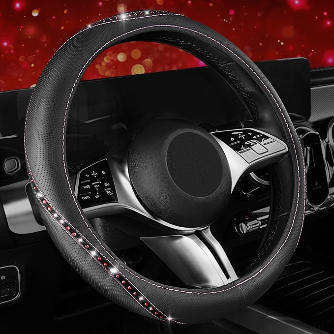 CAR PASS Bling Diamond Leather Steering Wheel Cover, Studded Crystal Rhinestones Universal Fit 14" 1/2-15" Crystal Glitter for Women Sparkle Girl Fit Suvs,Vans,Sedans,Cars,Trucks, Hot Pink Diamond