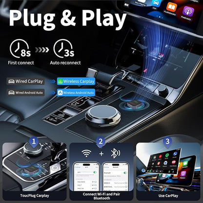 Acmount 2 in 1 Wireless Carplay Adapter & Android Auto 2026 Upgrade Wired CarPlay to Wireless, Fast Auto-Connect, Mini USB Design, Plug & Play Wireless Dongle for iPhone 6+ / Android 11+ (Lead-Gray)