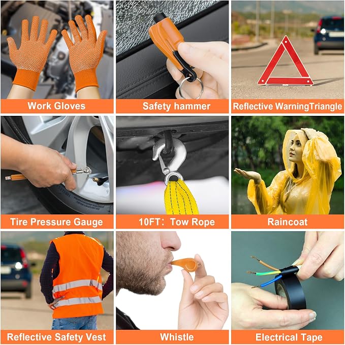 131 Pieces Car Emergency Safety Kit Bag with Air Compressor Jumper Cable Tire Pressure Gauge Roadside Emergency Car Kit for Vehicles