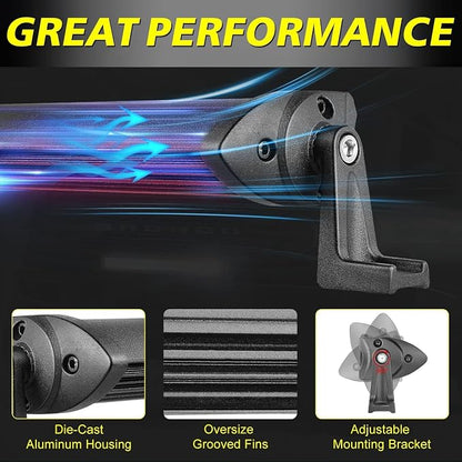 A black die-cast aluminum handlebar clamp with a mounting bracket, shown with blue graphic airflow lines and text highlighting features like die-cast aluminum housing, oversized grooved fins, and adjustable mounting bracket.