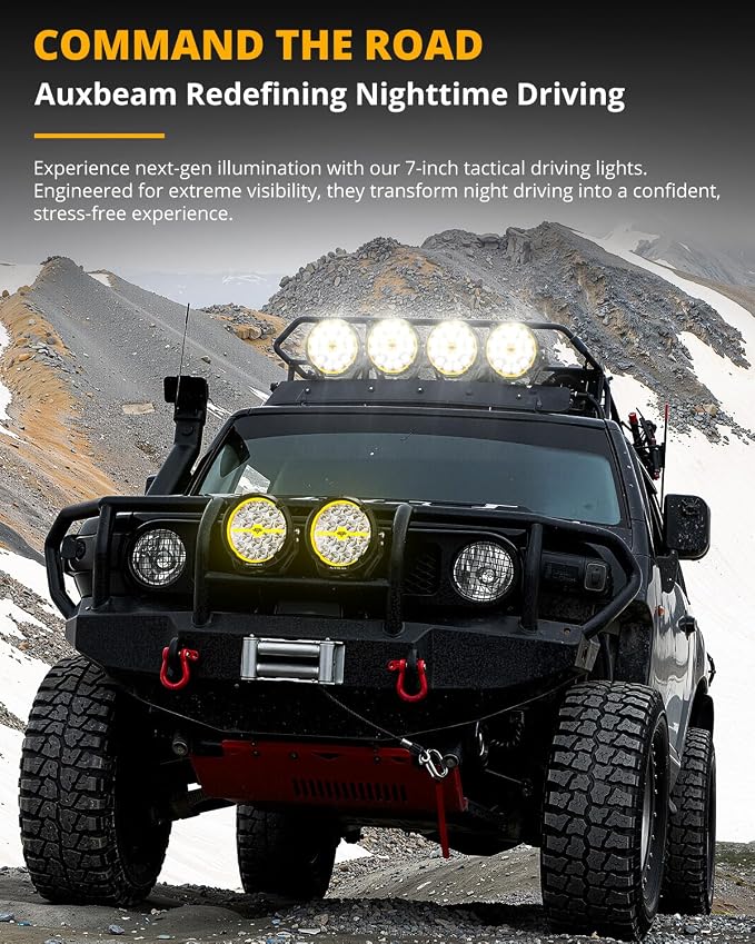 Auxbeam RAY-L Series 7 Inch Round Offroad Light with Amber White DRL 240W 25800LM LED Driving Pods Light Bar Spot Beam Spot Lights Offroad Lighting for Front Bumper