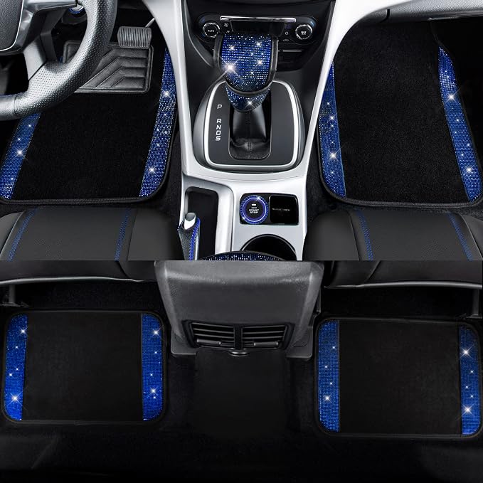 CAR PASS Bling Diamond Car Seat Covers Blue Rhinestone Black Leather Shining Car Floor Mats Carpet with Anti-Slip Nibs Shining Car Accessories Sets Glitter Sparkly Crystal Universal Fit for Girl Women