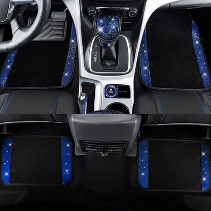 CAR PASS Bling Diamond Car Seat Covers Blue Rhinestone Black Leather Shining Car Floor Mats Carpet with Anti-Slip Nibs Shining Car Accessories Sets Glitter Sparkly Crystal Universal Fit for Girl Women
