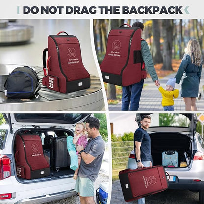 RAINSMORE Padded Car Seat Travel Bag for Airplane Heavy Duty Car Seat Backpack for Air Travel Baby Carseat Cover Bags for Airport Large Car Seats Carrier Fits Car Seats & Booster Seats,Red