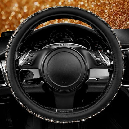 CAR PASS Bling Diamond Steering Wheel Cover Leopard Pattern, Sparkly Crystal Glitter Rhinestones Black Leather Wheel Protect for Women Girl Fit Suvs,Vans,Sedans,Cars,Trucks, 14" 1/2-15" Gold Leopard