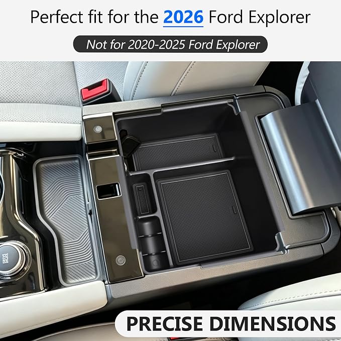 TOPINSTALL 2026 Upgraded Console Tray Compatible with 2026 Ford Explorer Accessories, Deep Armrest Storage Box Center Console Organizer Tray with Coin Holder & Non-Slip Mats, Black Trim