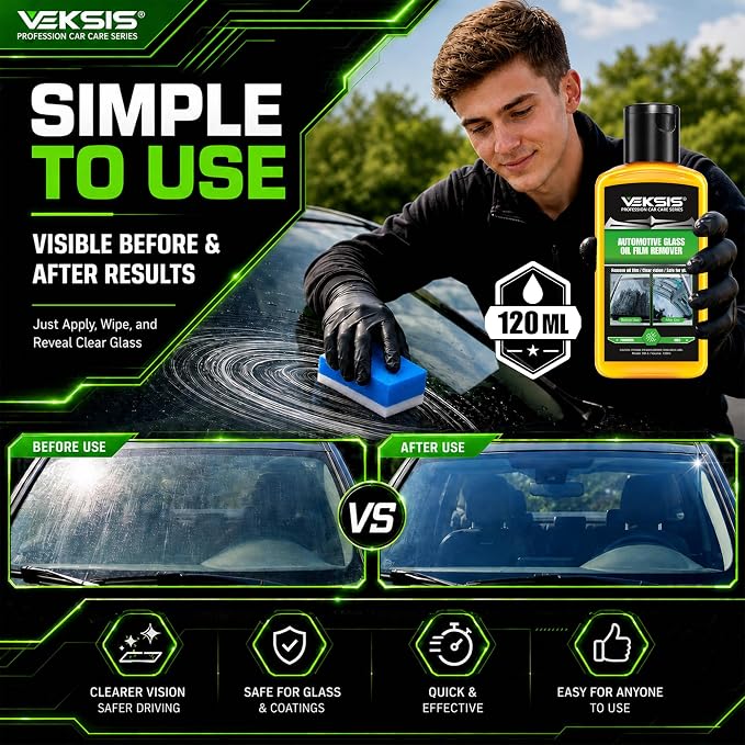 Automotive Glass Oil Film Remover – 120ml Car Windshield Oil Film Cleaner, Streak-Free Glass Polish for Cars Trucks SUVs, Removes Oil, Grease, Water Spots, Improves Visibility