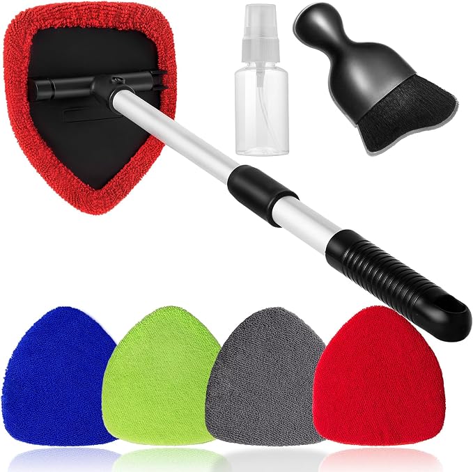 Qydipclin 7pcs Windshield Cleaner Tool Car Window Cleaning Wash Kit with 4 Reusable Microfiber Pads 1 Spray Bottle and Extendable Handle Auto Glass Wiper Kit, Multicolor