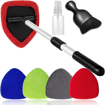 Qydipclin 7pcs Windshield Cleaner Tool Car Window Cleaning Wash Kit with 4 Reusable Microfiber Pads 1 Spray Bottle and Extendable Handle Auto Glass Wiper Kit, Multicolor