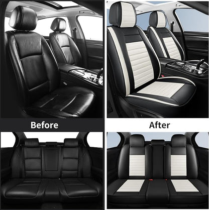 HChengkikz Car Seat Covers Full Set, Breathable Nappa Leather Seat Covers, Horizontal Stripes Automotive Seat Covers, Universal Seat Cushions for Sedan SUV Truck (5 PCS Full Set, Black + Cream)