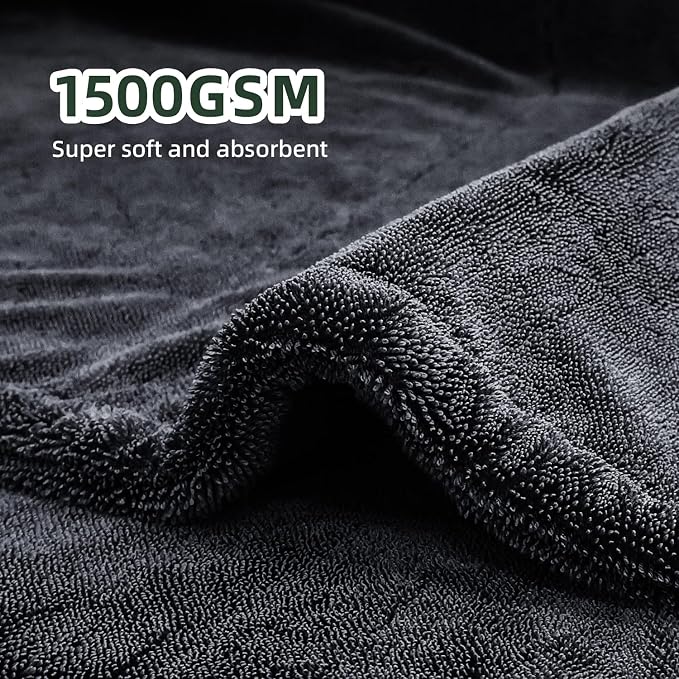 2-Pack 24" x 36" 11.8" x 11.8" Twisted-Loop Car Drying Towel 1500GSM Microfiber Cleaning Cloth for Car Trucks Motorcycles Streak Free Lint Free Ultra Absorbent Washing Cloth for Kitchen Window (Grey)