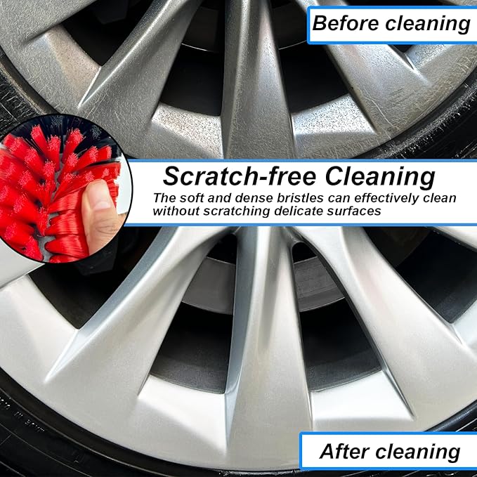 Wheel Brush Kit, Soft Drill Wheel Cleaner Brush, No Scratches Highly Dense Car Cleaning Brush Set for Wheels, Rims, Engines, Exhaust(Red/Black,2Pcs)