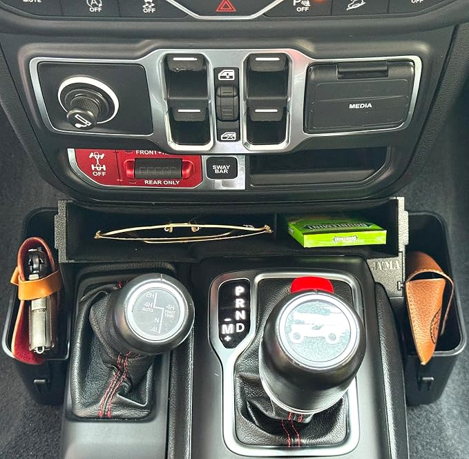 JVMA 4 Hooks Center Console Organizer Gear Shift Tray 3 PCS All Lined | for Jeep Wrangler JL JLU 4xe 2026 2025-2018 & Jeep Gladiator JT 2026-2020 Rubicon Sahara Interior Accessories Upgrade Patent