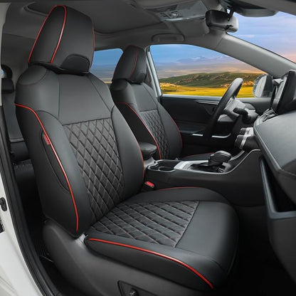 Lolcar Rav4 Seat Covers Custom Fit for Toyota Rav4 (for Hybrid) 2019-2025 LE,XLE,XLE Premium,Limited,Woodland Edition, Leather Truck Seat Cover Full Set for SUV,Faux Leather（Black with Red Trim）
