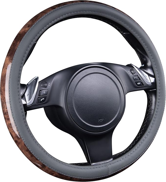 CAR PASS Wood Grain Microfiber Leather Steering Wheel Cover, Universal Fit for 14 1/2-15 inch Gray Steering Wheel, Anti-Slip Veins Design,Cars, Suvs,Minivans, Sedans (Gray)