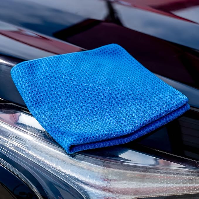 Tommy Blue Waffle Weave Microfiber Towels 16"x16" 340 GSM 120 Count | Streak-Free Glass, Super Absorbent, Lint-Free, Professional Car Detailing