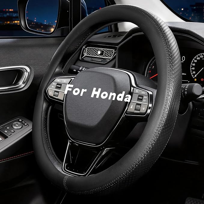 Steering Wheel Cover for Honda CRV Accord Civic HRV Pilot Odyssey Passport, Standard Size 14.5-15", Carbon Fiber Black