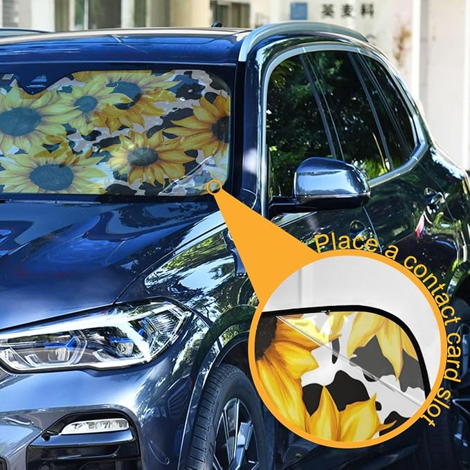 Cars Front Sun Shade Windshield,Foldable Reflective Sun Visor Sunflower Cow Print Pattern Windshield Sunshade Cover,Blocks UV Ray Sun Protect Interior Keep Cool,57" x 31.5 "Inches