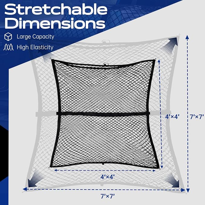 Double Layer Cargo Net for Truck Bed - for SUV/Truck/Pickup, 4'x4' Stretches to 7'x7' Highly Elastic Cargo Net - Trunk Organizer with 8 Hooks & Anti-Slip Clips - Universal Vehicle Storage Net