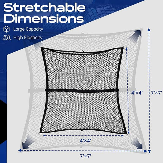 Double Layer Cargo Net for Truck Bed - for SUV/Truck/Pickup, 4'x4' Stretches to 7'x7' Highly Elastic Cargo Net - Trunk Organizer with 8 Hooks & Anti-Slip Clips - Universal Vehicle Storage Net